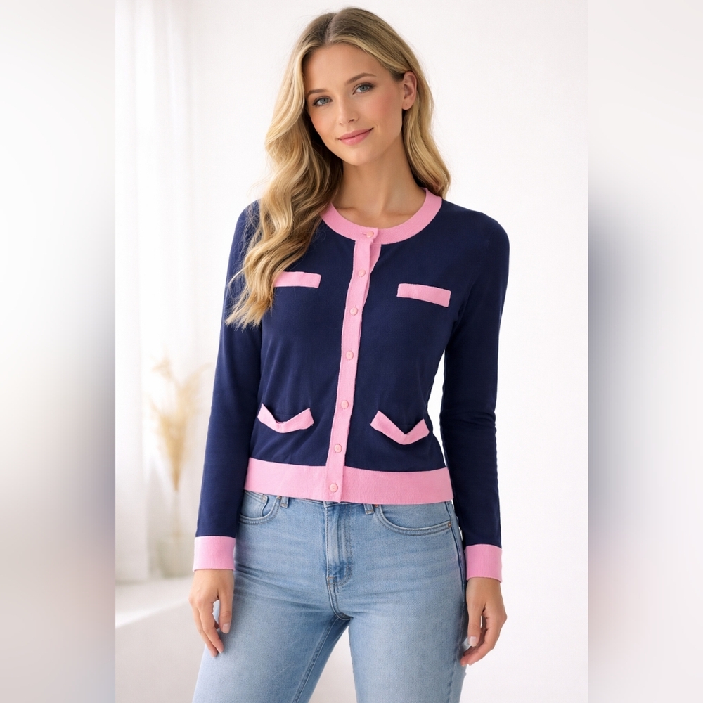 Charter Club Navy and Pink Button-Up Contrast Trim Cardigan